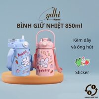 Bình nước giữ nhiệt cao cấp 850ml có dây đeo và ống hút - tặng kèm sticker dễ thương (B850)