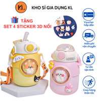 Bình nước giữ nhiệt cho bé đi học 700ML,có ống hút,INOX316, Bình giữ nhiệt trẻ em dễ thương có dây đeo tặng 4 sticker 3D