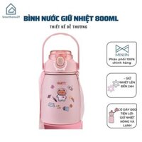 Bình Nước Giữ Nhiệt Cute 800ml Chất Liệu Inox 304 Giữ Nhiệt Không Gỉ Nóng Lạnh 24 Giờ Kèm Ống Hút Và Sticker - Hàng Loại 1 - Chính Hãng MINIIN - Hông