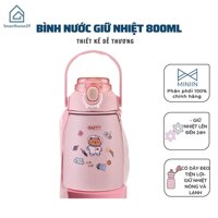 Bình Nước Giữ Nhiệt Cute 800ml Chất Liệu Inox 304 Giữ Nhiệt Không Gỉ Nóng Lạnh 24 Giờ Kèm Ống Hút Và Sticker - Hàng Loại 1 - Chính Hãng MINIIN - Hông