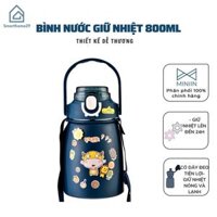 Bình Nước Giữ Nhiệt Cute 800ml Chất Liệu Inox 304 Giữ Nhiệt Không Gỉ Nóng Lạnh 24 Giờ Kèm Ống Hút Và Sticker - Hàng Loại 1 - Chính Hãng MINIIN - Xanh dương đậm