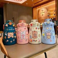 Bình nước giữ nhiệt cute có ống hút dễ thương sticker