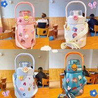 Bình nước giữ nhiệt cute có sticker và ống hút kiểu dáng dễ thương - Dung tích 800-1000ml cho bé, inox 304 xịn [GDTH3]