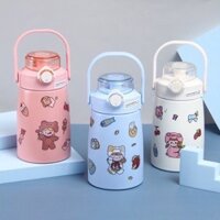 Bình nước giữ nhiệt cute có sticker và ống hút kiểu dáng dễ thương - Bình giữ nhiệt sticker 1100ml cho bé inox 304 xịn