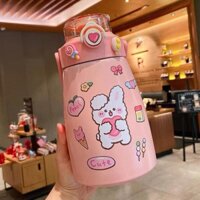 Bình Nước Giữ Nhiệt Cute Có Sticker Và Ống Hút Kiểu Dáng Dễ Thương - Bình Giữ Nhiệt Sticker 800ml Cho Bé Inox 304 Xịn