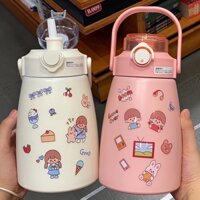 Bình nước giữ nhiệt cute có ống hút, inox 304 cao cấp không rỉ tặng kèm sticker xinh xắn