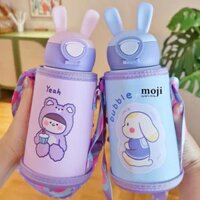 Bình nước giữ nhiệt Cute animal một màu có tai kèm bọc vải dây strap 500ml