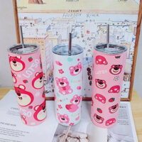 Bình Nước Giữ Nhiệt Hình Trụ Cao Gấu Dâu Losto Siêu Xinh 600ml Nắp Đậy Chống Tràn , Inox (tuyển sỉ tq)