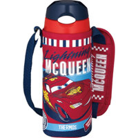 Bình nước giữ nhiệt lạnh chất liệu thép không gỉ, có ống hút, túi vải - hiệu Thermos - dung tích 400ml - ô tô Mcqueen