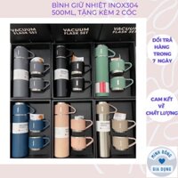 Bình nước giữ nhiệt vacuum flask set nóng lạnh lõi inox 304 tặng kèm 2 cốc có tay cầm tiện lợi dung tích 500ml