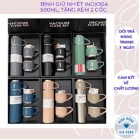 Bình nước giữ nhiệt vacuum flask set nóng lạnh lõi inox 304 tặng kèm 2 cốc có tay cầm tiện lợi dung tích 500ml