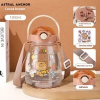 Bình nước hình gấu hoạt hình dễ thương có dây đeo có thể điều chỉnh và vòi uống kép