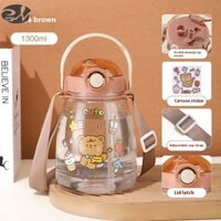 Bình nước hình gấu hoạt hình dễ thương có dây đeo có thể điều chỉnh và vòi uống kép