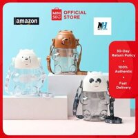 Bình nước Miniso We Bare Bears trong suốt có ống hút, dây đeo chính hãng Miniso 5.0 600ml Nhập Khẩu