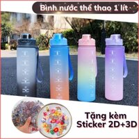 Bình nước thể thao 1 lít tặng sticker 2D+3D, bình đựng nước có ống hút, bình nước tập gym