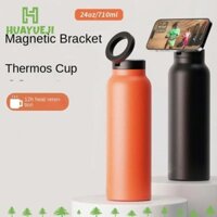 Bình nước thể thao HUAYUEJI, Cốc cách nhiệt 24 Oz bằng thép không gỉ, Dung tích lớn có giá đỡ điện thoại từ tính Bình nước cách nhiệt