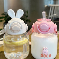 Bình Nước Thủy Tinh Tai Thỏ Dung Tích 650ml Có Tay Cầm Và Ống Hút Dễ Thương
