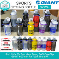 Bình Nước Xe Đạp Nhựa Trong Suốt Cao Cấp GIANT 600 ml - An Toàn, Nhựa PP