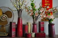 Bình ống cao men đỏ mận cổ nhỏ cắm Tuyết Mai, bình cắm hoa gốm Nam Bộ, R8 x C42cm- SP001460