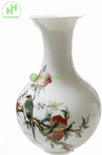 Bình sứ hút lộc Cổ Thon Miệng Loe hoạ tiết Đôi Chim đậu trên cây Đào Tiên, KT: 24x11cm (cao x rộng bụng), Gốm sứ Giang Tây Trung Quốc