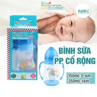 Bình sữa cho bé trên 3 tháng tuổi nhựa PP an toàn, Thiết kế cổ rộng Có tay cầm 250ml Pappi, hàng Thái Lan