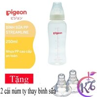 Bình sữa cổ hẹp Pigeon Streamline 250ml nhựa PP cao cấp Tặng 2 núm ty thay bình sữa - bình sữa cổ thường