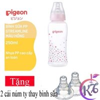 Bình sữa cổ hẹp Pigeon Streamline 250ml nhựa PP cao cấp hình ngôi sao Hồng Tặng 2 núm ty thay bình sữa