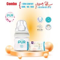Bình sữa cổ thường Pur - Comfort Feeder 60ml cho bé sơ sinh - tặng khăn ướt Pur
