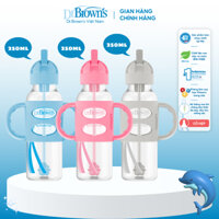 Bình sữa Dr Brown's nhựa PP, hai tay cầm và ống hút silicone, cổ thường(cổ hẹp) 250ml - Hồng, Xanh, Ghi