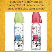 Bình sữa NIP thủy tinh cổ thường 250 ml có núm ti chỉnh nha, chống sặc, bằng silicon,