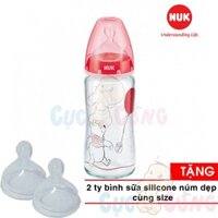 Bình sữa NUK cổ rộng thủy tinh  Disney 240ml - Ty Silicone 1M  NU34426 Tặng 2 ty bình sữa