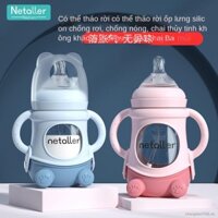 Bình sữa thủy tinh chống rơi đồ sơ sinh cho bé bú sữa mẹ silicone núm vú có ống hút cho trẻ sơ sinh cốc uống nước