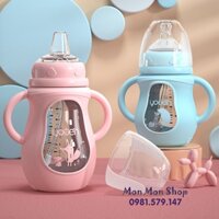 Bình sữa thủy tinh chống vỡ, chống va đập 150ml và 240ml Youen kèm tay cầm và ống hút nhiều tư thế cho bé