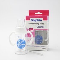 BÌNH SỮA THUỶ TINH DOLPHIN 120ml TAY CẦM KÈM DÂY HÚT (TẶNG 1 NÚM SIÊU MỀM)