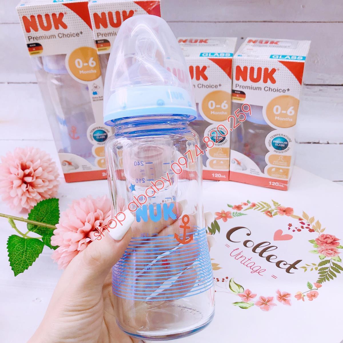 Bình sữa thủy tinh Nuk núm silicone S1-M 240ml NU66128