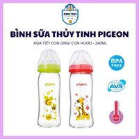 Bình sữa thủy tinh Plus Pigeon cổ rộng họa tiết con hươu, con ong. Dung tích 240ml