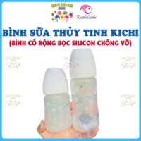 Bình sữa thủy tinh tráng silicon Kichilachi, bình sữa cổ rộng kèm núm ti siêu mềm 150ml/240ml