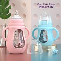 Bình sữa thủy tinh Youen chống sốc, chống rơi bể 150ml/ 240ml kèm tay cầm và núm ti siêu mềm ống hút 360 độ