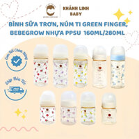 Bình sữa trơn, hoạ tiết/ núm ti GREEN FINGER, BEBEGROW Nhựa PPSU nội địa Hàn Quốc 160ml/280ml chọn núm