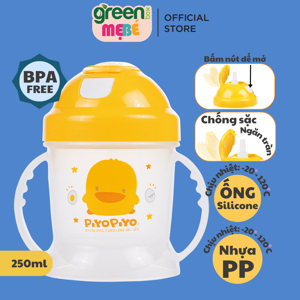 Bình tập uống hai tay cầm nắp trượt cho bé Piyo Piyo 250ml, ống hút siêu mềm ngăn tràn
