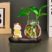 Bình Thủy Sinh Kèm Tượng Mèo Thần Tài Nằm Ghế Vui Vẻ, Lạc Quan, Hạnh Phúc Shebyshe để bàn làm việc