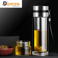 Bình Thủy Tinh 2 Lớp Pha Trà Doron MS79 - Cách Nhiệt Tốt - Có Lõi Lọc Inox 304 - Dung Tích 400ml - Hàng Loại 1 - Inox Trắng