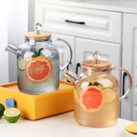 Bình thuỷ tinh Deli chịu nhiệt, ấm pha trà màu hổ phách nắp gỗ kim cương sang trọng cao cấp 1050ml