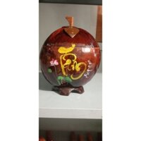 Bình ủ giữ ấm bình trà làm từ trái dừa vẻ thư pháp tặng kèm ấm tích bằng sứ