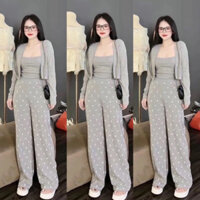 BK67- comb 3 món, sét bộ thun tăm kèm áo khoác tay dài, áo 2 dây phối quần suông in full chữ a