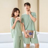 Bking Vải Lạnh Nam Đồ Ngủ Màu Trơn Bộ Đồ Ngủ Nam / Áo Thun + Quần Ngắn / Cổ Tròn Nam Loungewear Cặp Đôi Bộ Đồ Ngủ