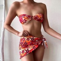 [BKN1794] ÂU SET BIKINI 3 MÓN QUÂY HOA ĐỎ KÈM KHĂN HÔNG