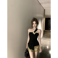 Black vn Thời Trang Mùa Hè Bướm Thổ Cẩm Tắt Vai Gợi Cảm Đeo Vai Croptop Nữ Quần Short Vàng Eo Cao Hai Bộ