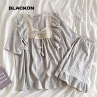 Blackon Trang phục tại nhà mùa hè, Bộ đồ ngủ nữ bằng vải Jacquard buộc dây, Bộ đồ ngủ ngắn tay màu trơn phong cách công chúa ngọt ngào