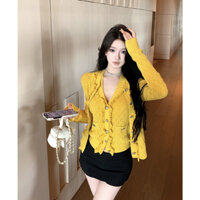 Blackpink Jennie Thời Trang Hàn Quốc Cutout Dài Tay Dệt Kim Cardigan Top Quần Áo Nữ